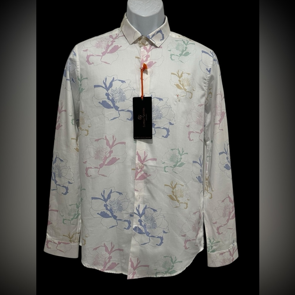 Simon Carter London Men Shirt 39/S Slim Fit Flower Print‎ Cotton Button Logo